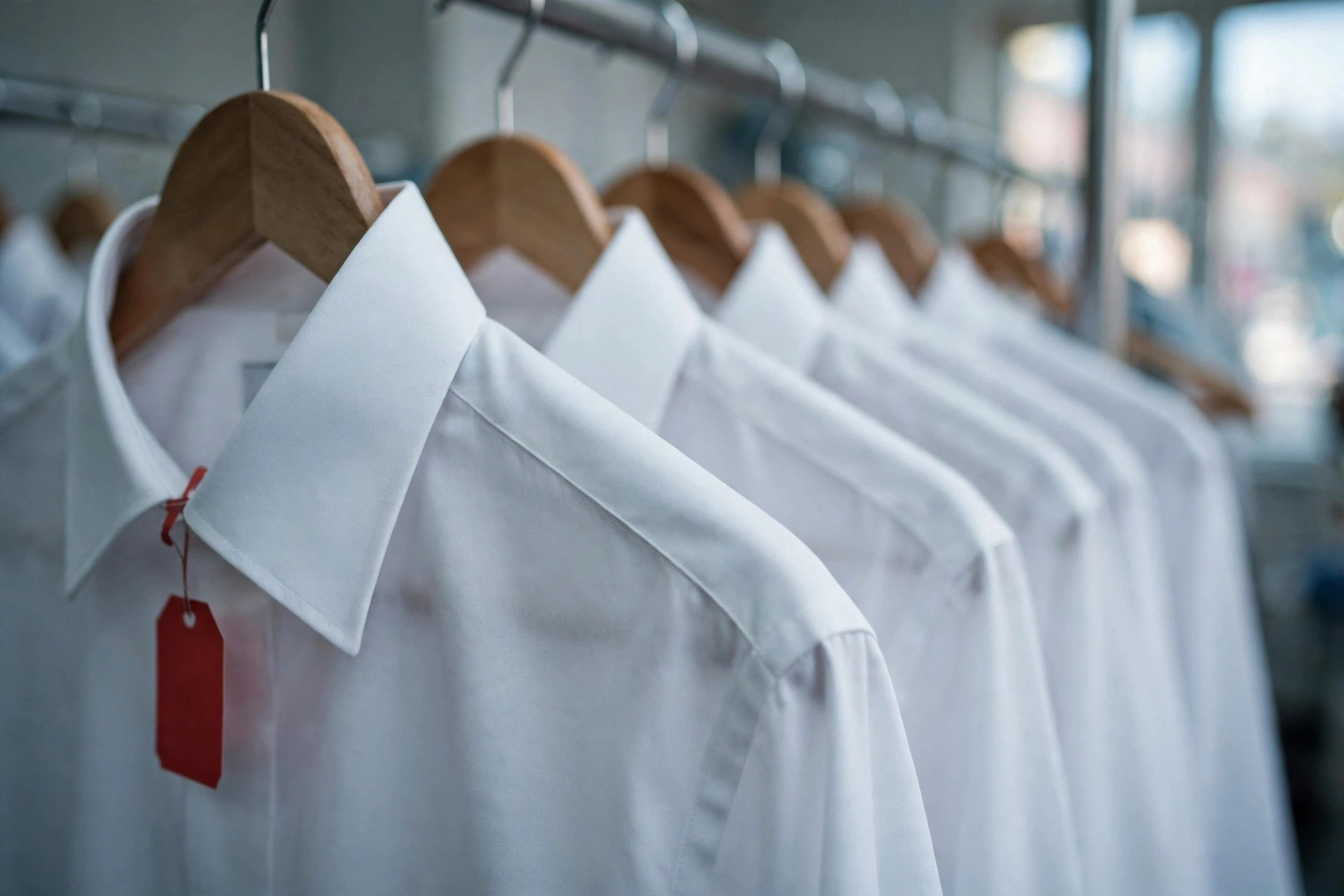 Pressed white shirts on hangers with a red claim tag at West Park Cleaners
